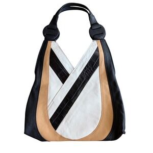 Tahari Leather Hobo Bag Colorblock Black White Tan Croc Embossed Shoulder Bag